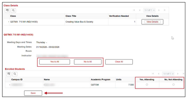 A Class Details page for Attendance Verification.