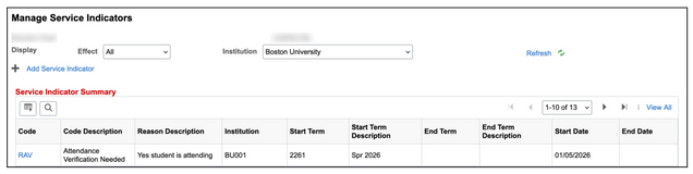 RAV indicator in a student's Manage Service Indicators page, displaying Reason, Term, and Start Date.