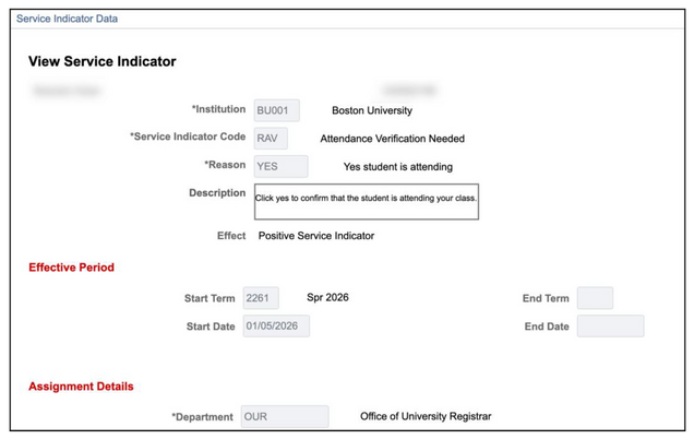 A more detailed view of a student's View Service Indicator page, accessed after clicking the RAV code.