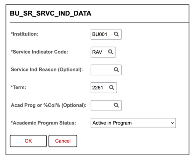 A Service Indicator Query window, with RAV selected in the Service Indicator Code field and other blank fields for completion.