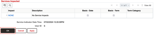 Services Impacted showing NONE and 'OK' button used to add the Service Indicator.