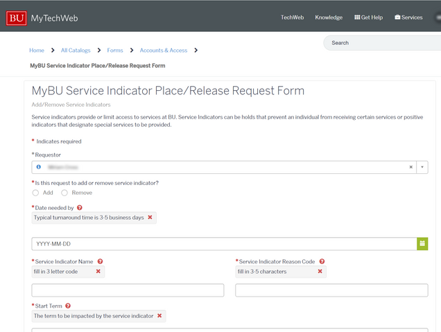 MyBU Service Indicator Place/Release Request Form in ServiceNow.