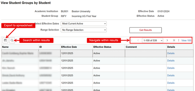Example of Student Groups by Student results, annotated to identify various viewing options.