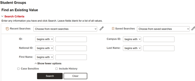 Student Groups page Search Criteria.