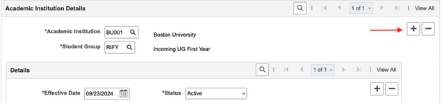 Example Student Groups page with arrow to the plus button used to add a new Student Group.