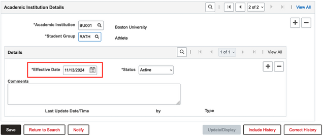 Example of adding a new Student Group with Effective Date input highlighted.