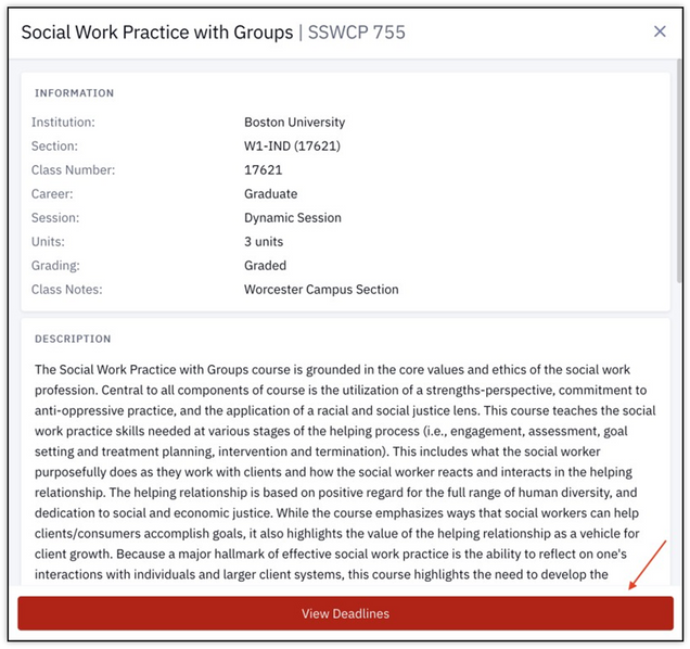 Class Information display, opened by clicking on a class in the Schedule’s default Calendar view. Includes a View Deadlines button at the bottom.