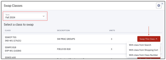 The Swap Classes page, displaying the Term selection field, class list, and menu of swapping methods under the Swap This Class button.