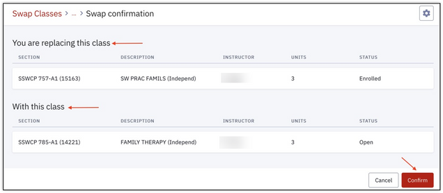 The Swap Confirmation page, displaying the two classes being swapped and the Confirm button.