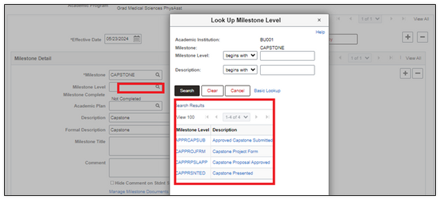 A Look Up Milestone Level popup window, displaying Milestone Level types and descriptions applicable to a particular student’s Milestone details.