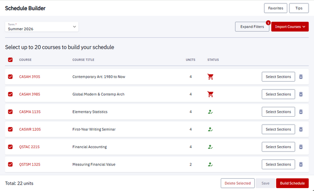 Sample Schedule Builder class list page, displaying a list of added classes, the Shopping Cart icon, Trash icon, Total Units number, and Save button.