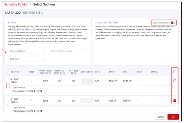 Information displayed in Schedule Builder after clicking on the Course or Select Section buttons in the main class list page. Displays full course description and checkboxes for selecting a particular section of the class.
