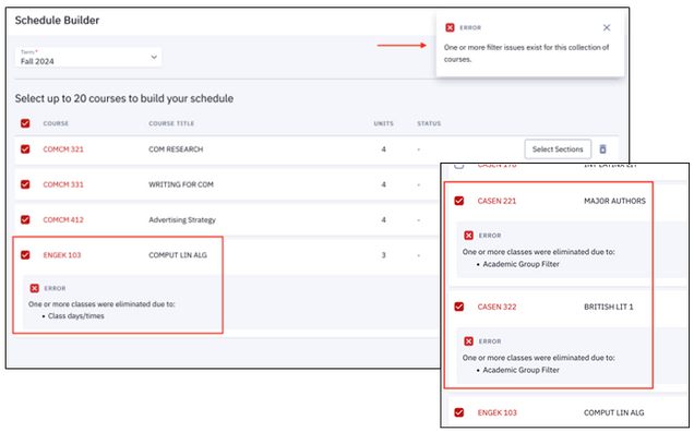 : Examples of conflict and error messages that may display after pressing the Build Schedule button in the Schedule Builder class list page. Examples include: Error – One or more filter issues for this selection of courses; Error – One or more classes were eliminated due to class days/times; Error – One or more classes were eliminated due to academic group filter.