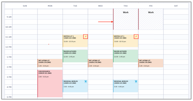A sample schedule in Schedule Builder’s default Calendar view, displaying Class Blocks and Unavailable Blocks.