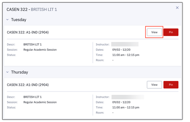 Additional details about a class, displayed after clicking the Class Block in the sample schedule. Also displays buttons to View and Pin.