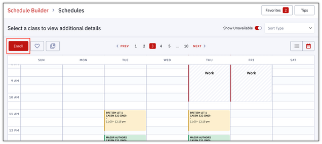The Enroll button, displayed in the upper left corner of a preferred Schedule page in Calendar view.