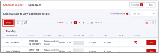 The Enroll button, displayed in the upper left corner o a preferred Schedule page in List view.
