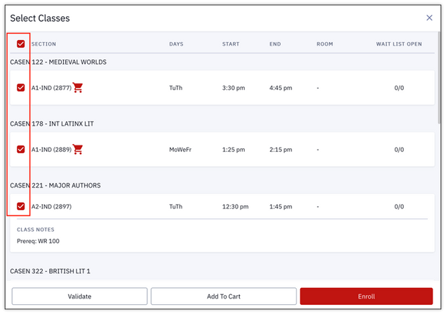 The Select Classes page, with checkboxes for selecting classes from the list and buttons to Enroll, Validate, and Add to Cart.