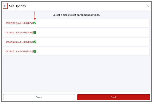 Set Options page, displaying checkboxes next to the names of classes to include in the Enrollment process. The checkboxes here are all green, indicating all four classes in the list are selected for Enrollment. The page also displays buttons to Cancel and Enroll.