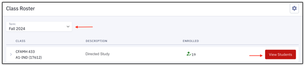 Selecting the Term and View Students button from the top of the Class Roster page, in preparation for emailing students from the roster.