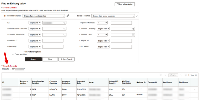 Person Comment Entry search screen with 'Find an Existing Value' highlighted.