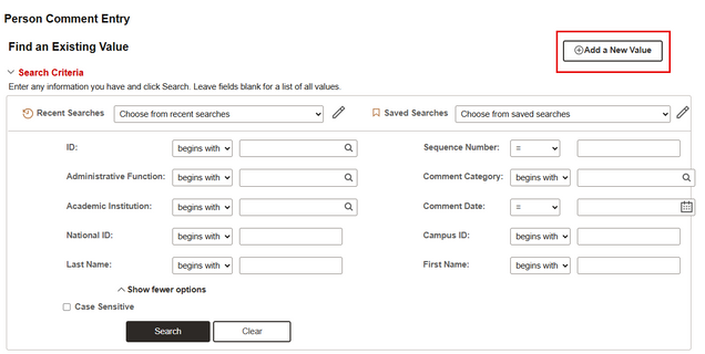 Person Comment Entry search screen, highlighting Add New Value option.