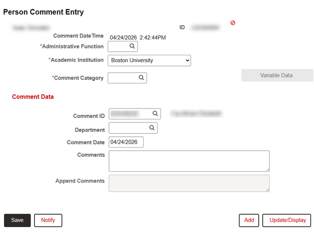 Example of blank Person Comment Entry page.