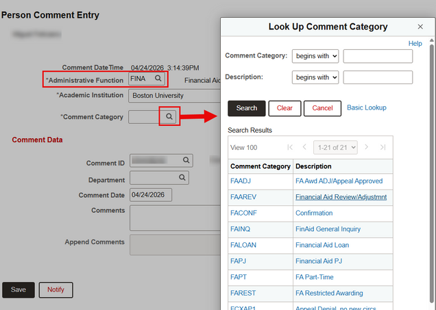 Comment Category lookup screen.