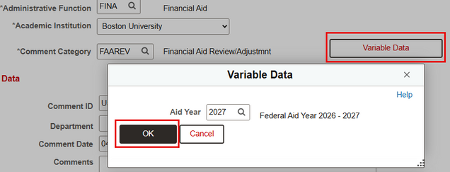 Example Aid Year entry using the Variable Data input.