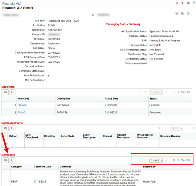 Example of Financial Aid Status page, highlighting location of Comments section.