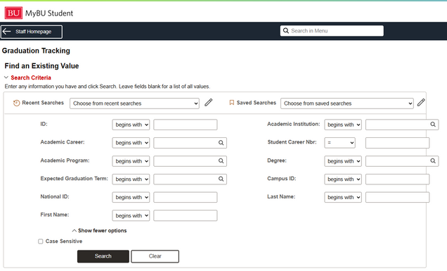 Graduation Tracking search screen.