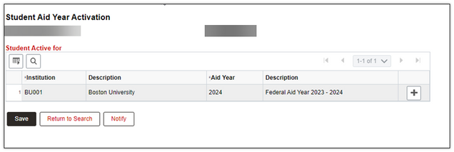 Example of a completed Student Aid Year Activation page, displaying the appropriate aid year previously entered for the student.