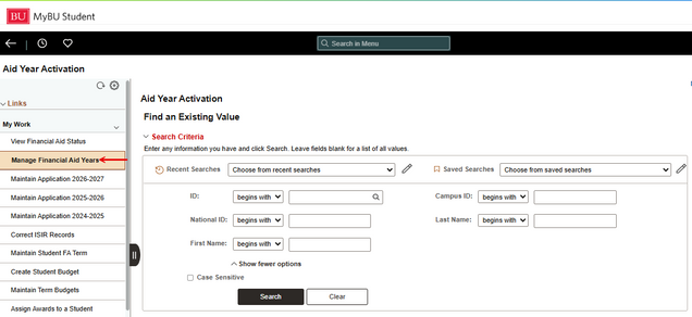 The Aid Year Activation “Find an Existing Value” page (or search page), for identifying a student for financial aid year activation.