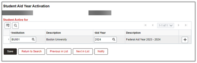 An example Student Aid Year Activation window, with text boxes for entering or searching Institution and Aid Year, and displaying the Save button.