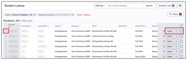 A list of advises accessed via the Advisee & Student Lookup feature, with options to expand each student row, open an actions menu, or select multiple students.