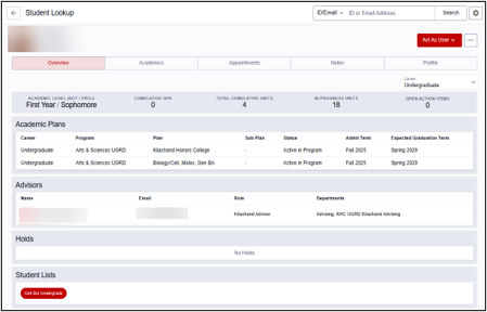 An example Student Lookup – Overview tab that lists academic level, GPA, units, open action items, academic plans, advisors, holds, and student lists.