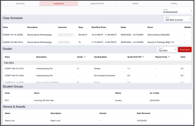 An example Student Lookup – Academics tab that displays class schedule, grades, student groups, and honors & awards.