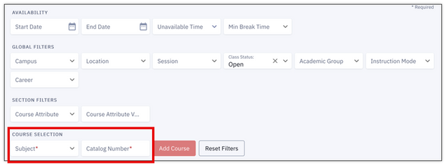 The Schedule Builder filters window, highlighting the Course Subject and Catalog Number dropdowns, the only filters required for searching.