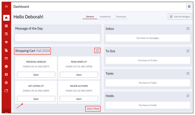 hree options for navigating to the Shopping Cart page from the Shopping Cart section of the Dashboard: clicking Go To, Open, or View 1 More.