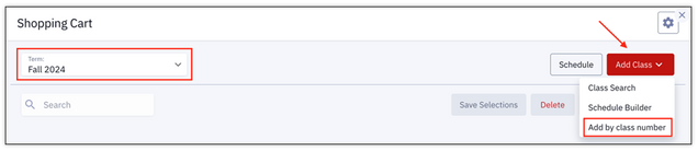 The Add Class button on the Shopping Cart page, displaying a menu to select Class Search, Schedule Builder, or Add by Class Number.