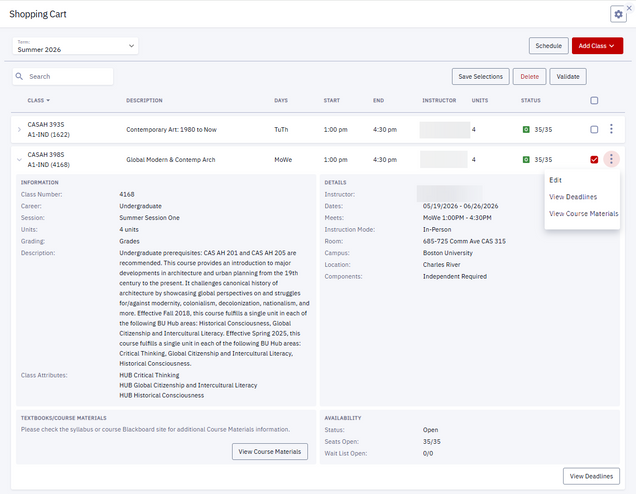 A Shopping Cart page, displaying action buttons and drop down menus including Search, Schedule, Expand class row, Class selection checkbox, and three dot menu.