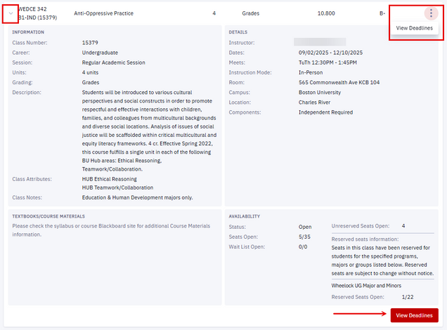 Expanded view of a class in the Class List, accessed via the arrow button. This view also displays the three dots menu and View Deadlines button.