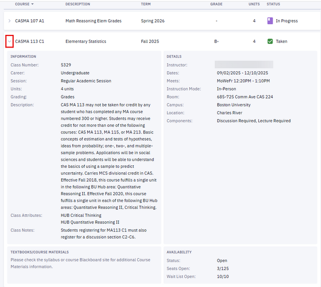 Expanded view of course information, accessed using the arrow in a course row on the Course List page.