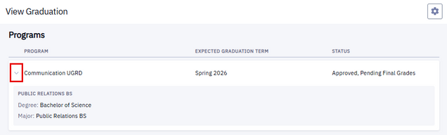 A View Graduation page, accessed via the Academics tab. Displays the student’s associated Program, Expected Graduation Term, Graduation Status (in this example, the status is Approved, Pending Final Grades), and expanded information about the program.