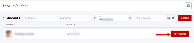 Example of Lookup Student search results from searching by UID.