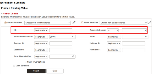 Enrollment Summary search screen, with ID and Academic Career fields highlighted.