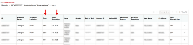 Example of Enrollment Summary search results with arrows pointing to the columns that show Term.