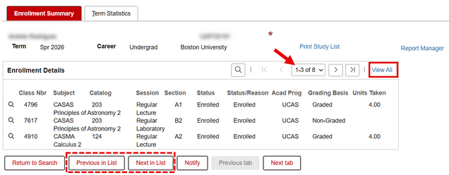 Example of Enrollment Summary, highlighting option to view all rows and scroll between search results.