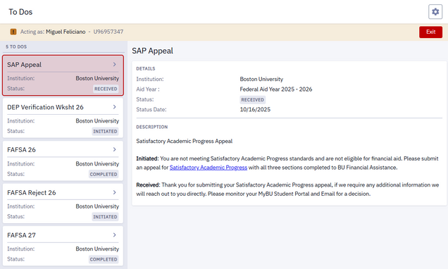Example To Dos page while using Act As User.
