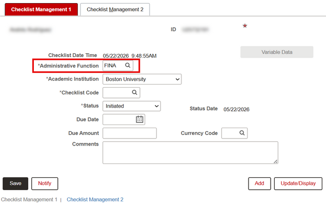 Example of Checklist Management 1 tab with 'FINA' input in the Administrative Function field.